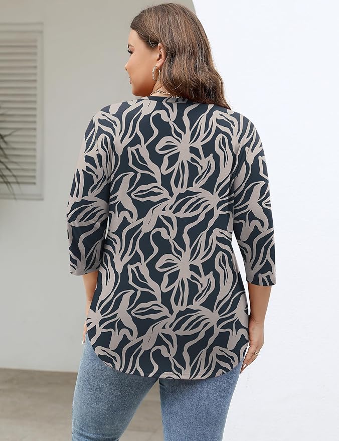 TFSDOD Womens Plus Size Tops V Neck T Shirts 3/4 Sleeve Blouse Summer Casual Tees XL-5X