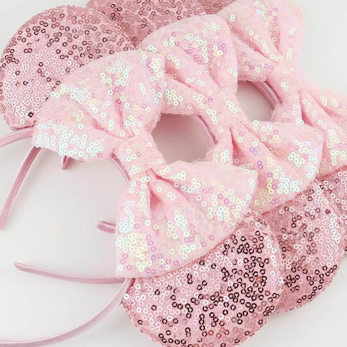 LIHELEI Minnie Ears Headbands for Princess, Pink Mouse Ears Headbands for Halloween Costume, Sequin Bows Headwear Hair Accessories for Women - Pink