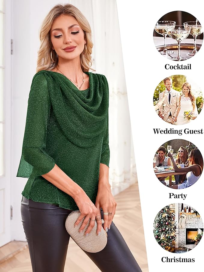 Lotusmile Blouses for Women Dressy Casual 3/4 Sleeve Cowl Neck Sparkly Tops Cocktail Shirts for Evening Party