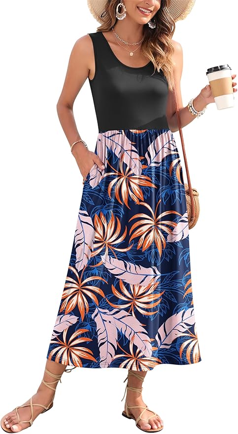 WNEEDU Women's Summer Maxi Dress 2026 Casual Sleeveless Hawaiian Sundress Tropical Long Dress Beach Vacation Outfit