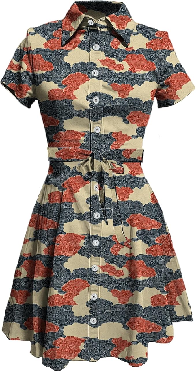 MARSVOVO Japanese Art Shirt Dresses for Women Short Sleeve Ruffle Button Down Tie Waist Trendy Elegant Midi Dress