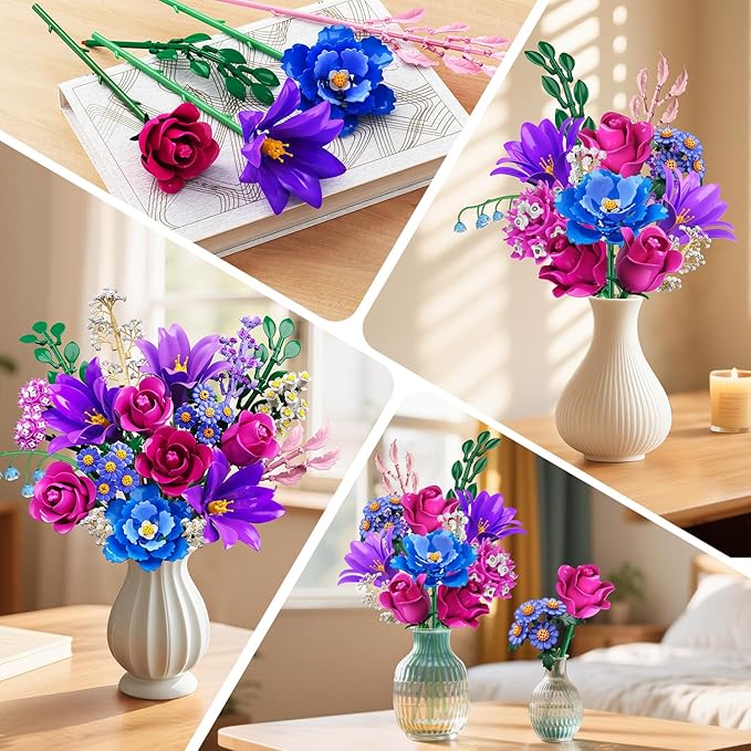CUBIMANA Valentines Flowers Bouquet Building Set with LED Light, 21 Flower Botanical Collection Block Toy, Rose Lily Home Plant Decor 1054PCS, Gifts for Her Adults Women Mom Kids Girls 12+ (Purple)