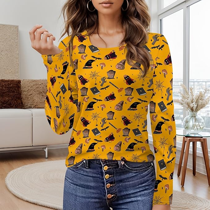 domirica Halloween Sweatshirts For Women Cute Pullover Fall Long Sleeve Pullover U-Neck Halloween Crazy Party Club Clothes