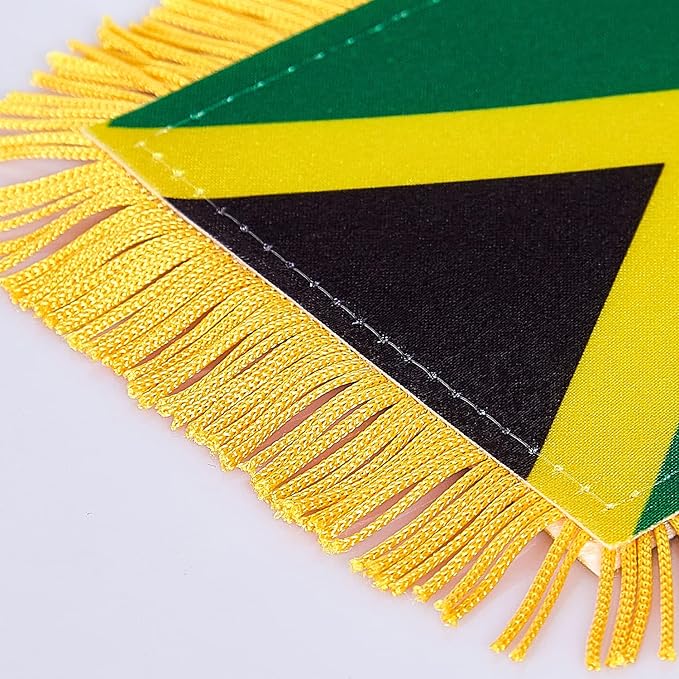 ZXvZYT 3 X 5 Inch Jamaica Window Hanging Flag Jamaican Small Mini Car Flags Banners Rearview Mirror Decoration - with Suction Cup & Golden Fringy Banner(2 Pack)