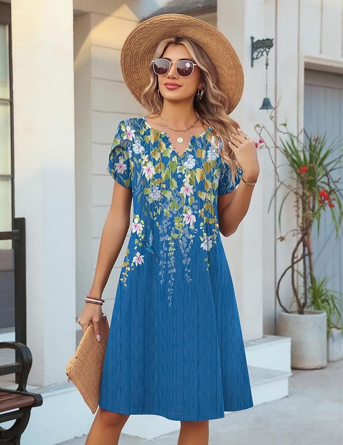 Zeagoo Women's Casual Dresses with Pockets Summer Floral V-Neck A-Line Tshirt Dress Short Sleeve Mini Dress Beach Sundress