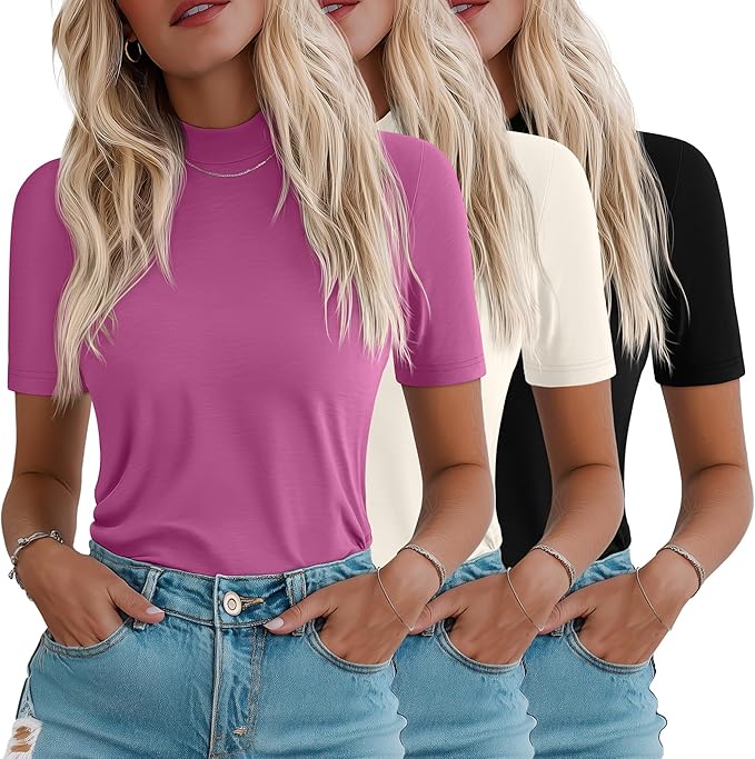 Ficerd 3 Pack Women's 1/2 Sleeve Mock Turtleneck Shirts, Elbow Length Shirt Half Sleeve Tunic Top Casual Summer Basic Tees