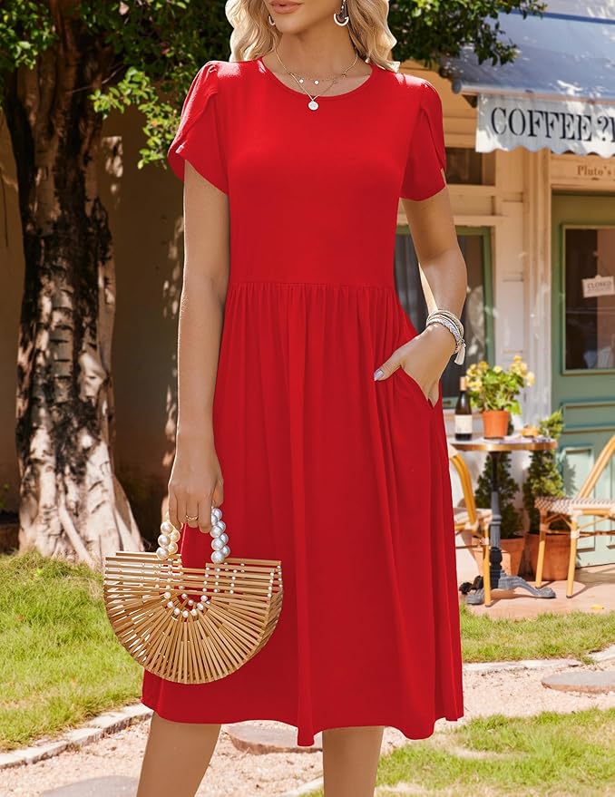 HOTOUCH Women's Summer A-Line Midi Dresses 2026 Casual Floral Short Sleeve T-Shirt Dress Flowy Beach Sundress with Pockets