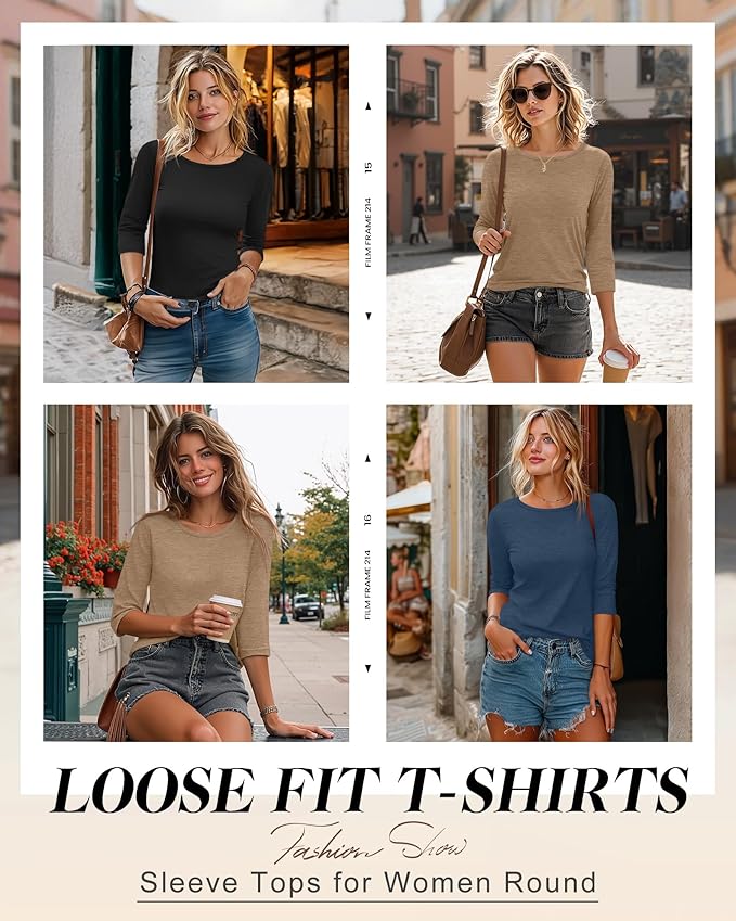 Ficerd 3 Pack 3/4 Sleeve Tops for Women Round Neck Dressy Basics Tees Casual Trendy Loose Fit T Shirts