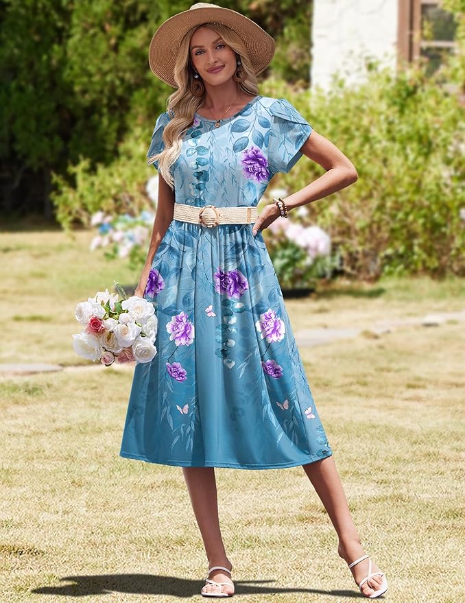 HOTOUCH Women's Summer A-Line Midi Dresses 2026 Casual Floral Short Sleeve T-Shirt Dress Flowy Beach Sundress with Pockets