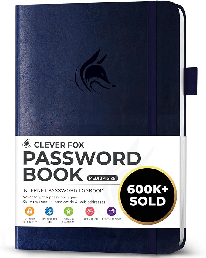 Clever Fox Password Book with alphabetical tabs. Internet Address Organizer Logbook. Medium Password Keeper for Website Logins (Dark Blue)