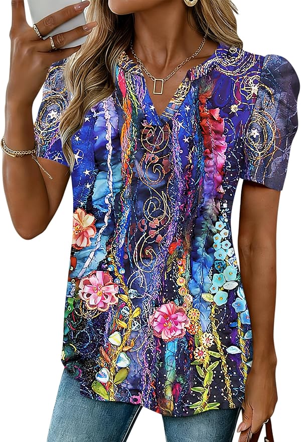 Lomon Spring Summer Tops for Women 2026 V Neck Puff Short Sleeve Tops Fashion Trendy Work Blouses Dressy Casual S-XXL