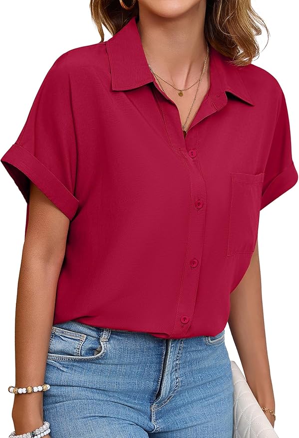 Womens Button Down Shirt Casual Short Sleeve Collared Work Blouse with Pocket