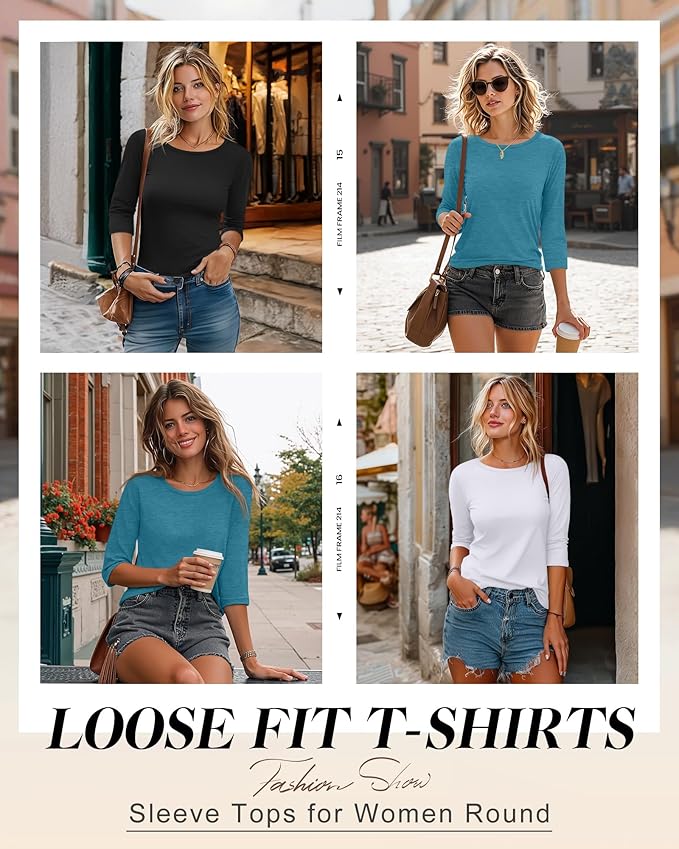 Ficerd 3 Pack 3/4 Sleeve Tops for Women Round Neck Dressy Basics Tees Casual Trendy Loose Fit T Shirts