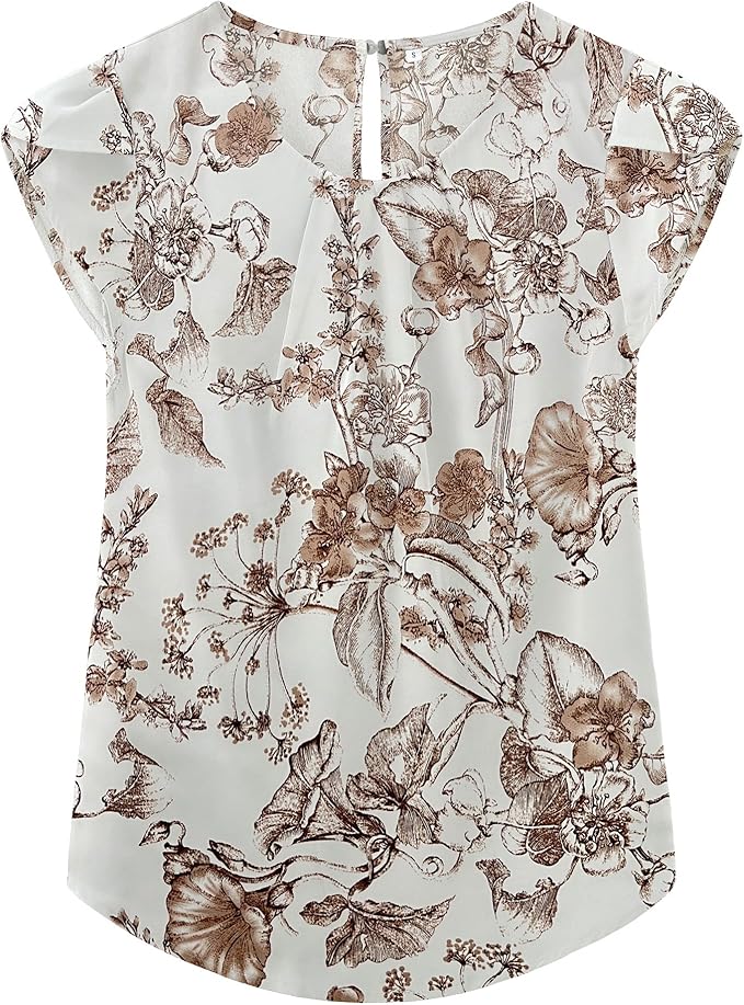 TASAMO Women's Casual Round Neck Basic Pleated Top Cap Sleeve Curved Keyhole Back Chiffon Blouse