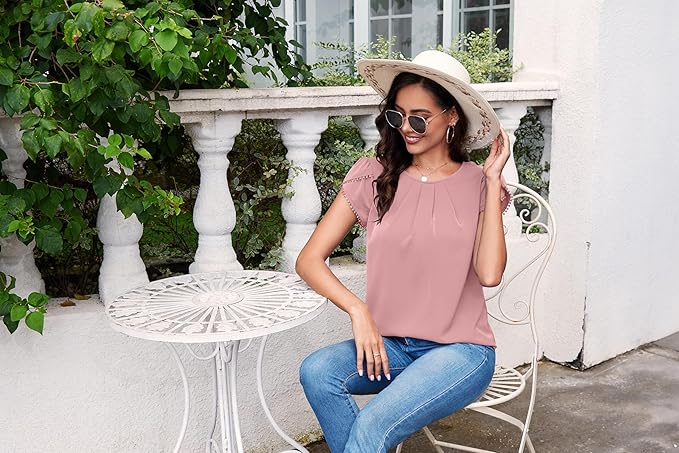 TASAMO Women's Casual Round Neck Basic Pleated Top Cap Sleeve Curved Keyhole Back Chiffon Blouse
