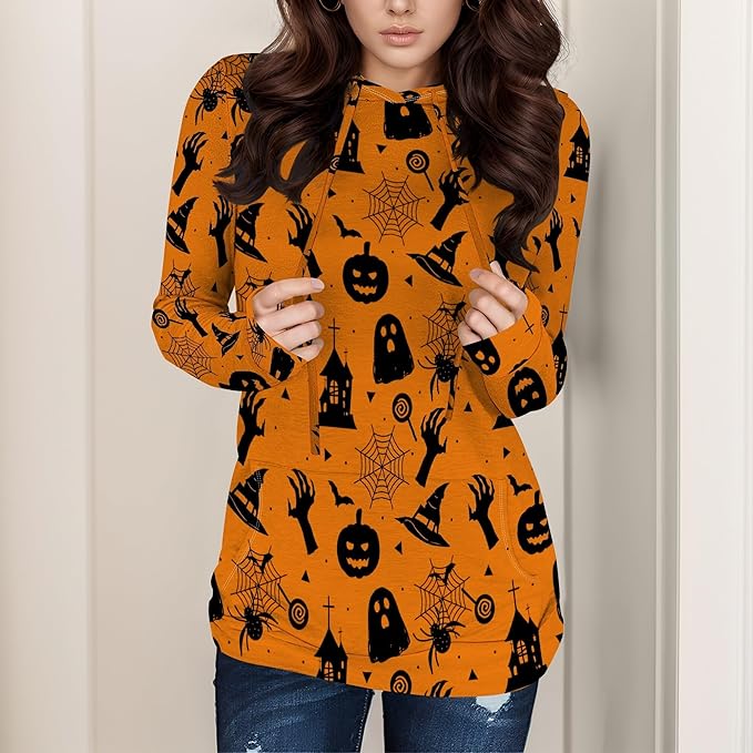 domirica Halloween Hooded Sweatshirt Long Sleeve Pocket Trendy Pumpkin Skull Sweatshirt Halloween Costumes For Holiday Party