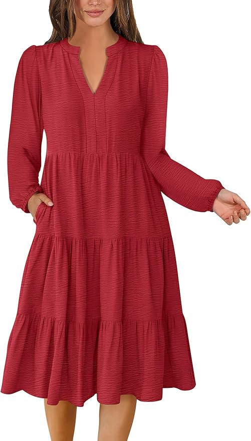 ANRABESS Womens Fall Midi Dresses Long Sleeve V Neck Swing Tiered Work Business Casual 2026 Flowy Beach Vacation Dress