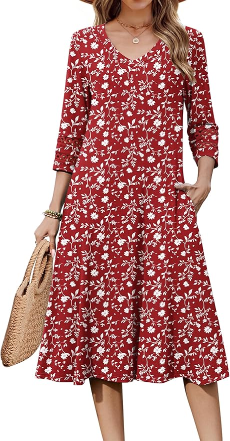 Zeagoo Women's Dresses 3/4 Sleeve Summer Casual V-Neck A Line Flowy Eyelet Midi Dress for Women Beach Vacation Sundress