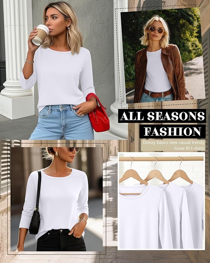 Ficerd 3 Pack 3/4 Sleeve Tops for Women Round Neck Dressy Basics Tees Casual Trendy Loose Fit T Shirts