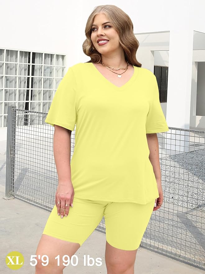 AGSEEM Two Piece Outfits For Women Summer V Neck T-Shirt Tops Biker Shorts Workout Sports Tracksuit