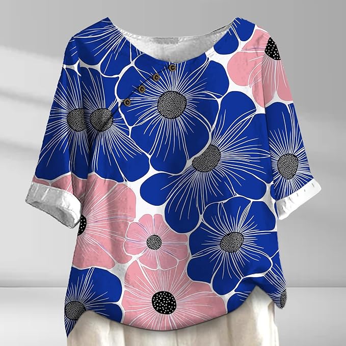 Women's Shirts Dressy Casual Asymmetric Side Button Down Design Tops Summer Loose Fit Crewneck Graphic Tees