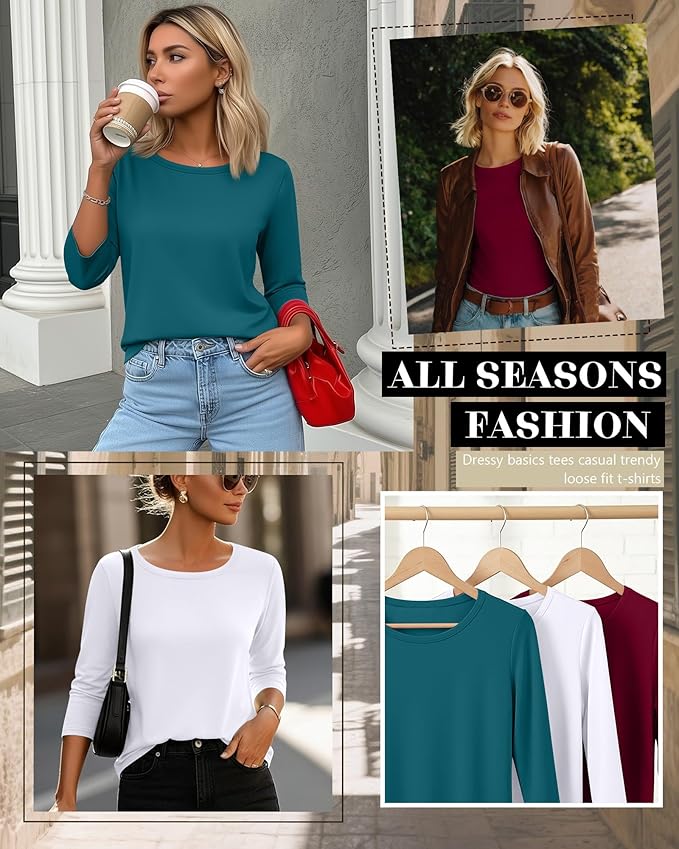 Ficerd 3 Pack 3/4 Sleeve Tops for Women Round Neck Dressy Basics Tees Casual Trendy Loose Fit T Shirts