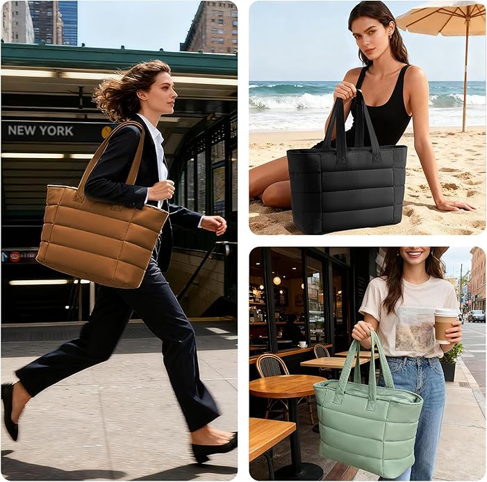 Puffer Tote Bag for Women, Lightweight Puffy Shoulder Bag with Handbag for Travel, Work, Gym, Laptop Bag for Nurse Teacher
