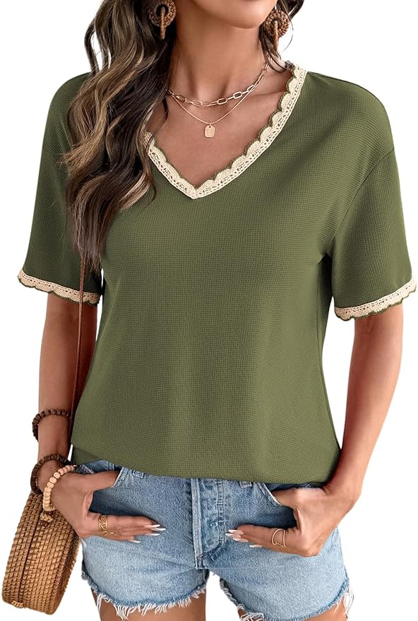Dokotoo Womens Summer Tops Casual Short Sleeve Lace T-Shirts Solid V Neck Waffle Knit Shirts Blouses