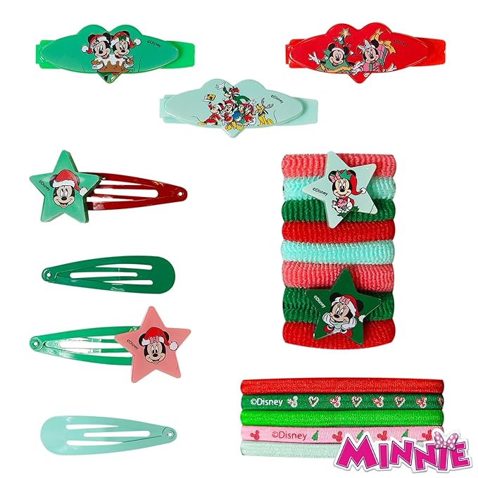 Luv Her Disney Girls' Hair Accessories Set - 20 Pack Featuring Mickey & Minnie Christmas themed - Includes 3 Barrettes, 4 Snap Clips, 5 Elastics, 8 Terry Ponies - Everyday Wear, Ages 3+