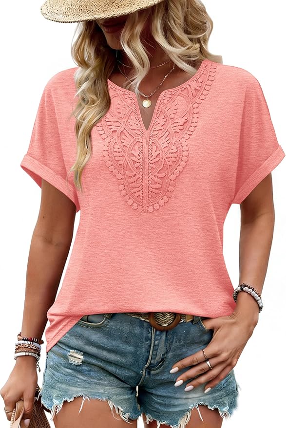 Sipaya Womens Blouses Dressy Casual Summer Shirts Short Sleeve Lace Front Boho Tunic Tops for Leggings Fashion Clothes