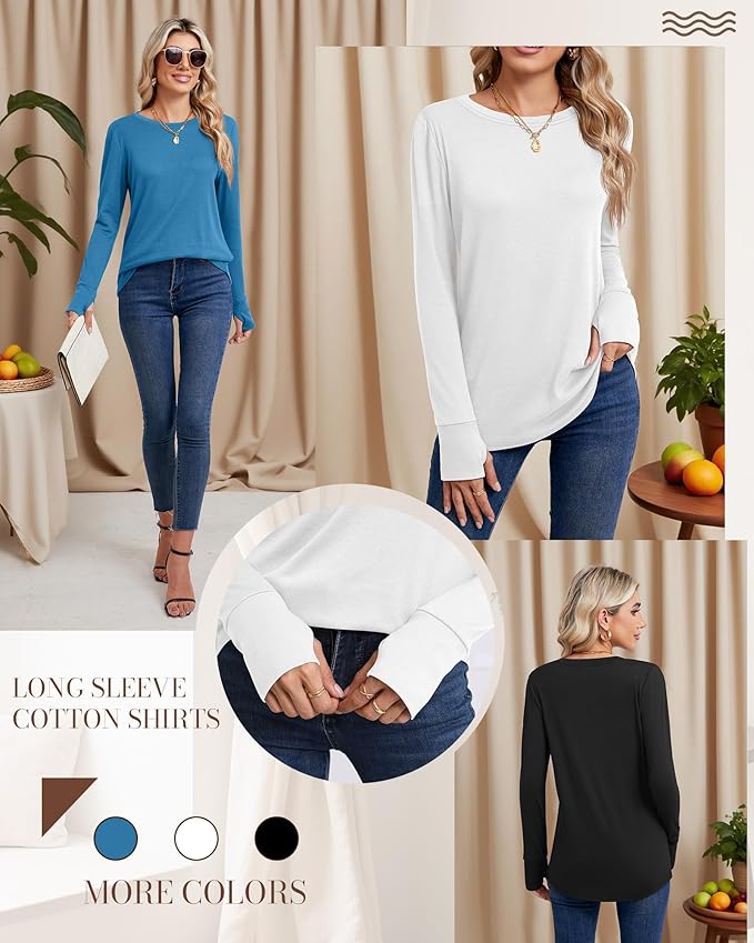 Huukeay 3 Pack Women's Long Sleeve Shirts with Thumb Holes, Cotton Casual Crew Neck Tunic Tops Fall Loose Y2k Trendy Outfits