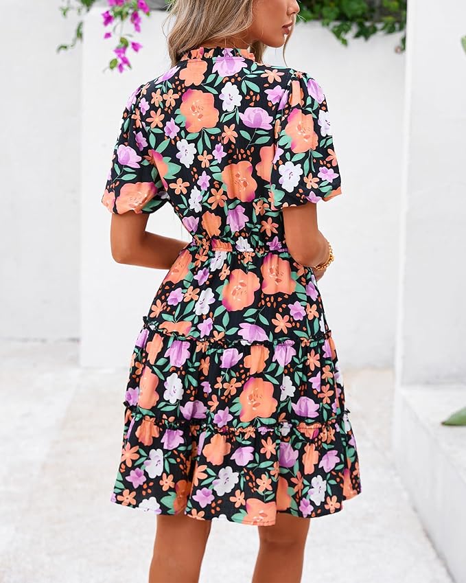 BTFBM Women Summer Floral Short Dresses V Neck Short Sleeve Tiered Ruffle Boho Swing Dress A-Line Mini Dresses