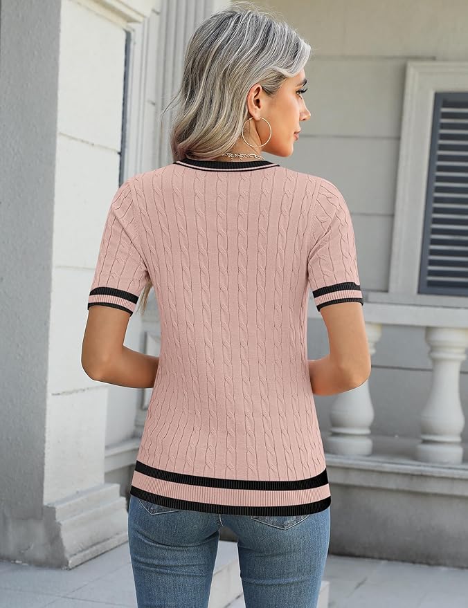 Micoson Womens Short Sleeve Cable Knit Sweater Tops Crewneck Lightweight Spring Summer Shirts Business Dressy Casual Outfits