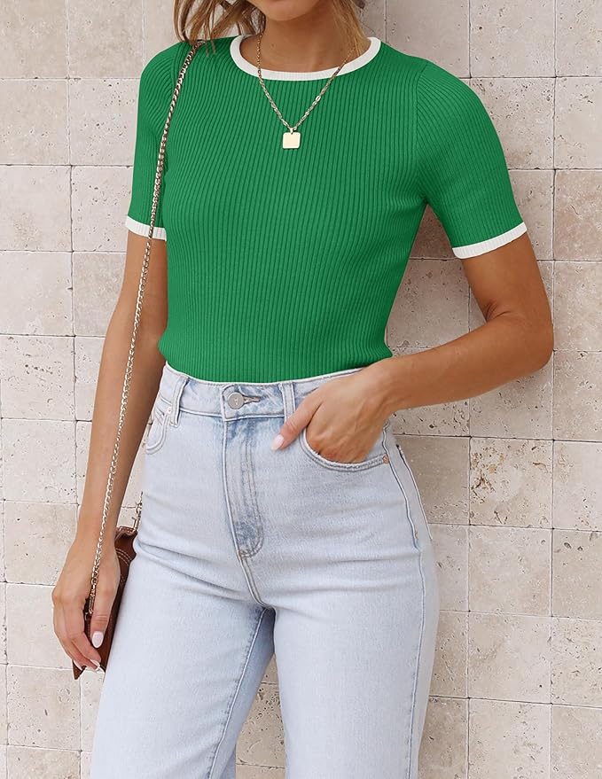 ZESICA Women's Short Sleeve Sweater Tops 2026 Summer Crewneck T Shirt Ribbed Knit Slim Fit Basic Solid Color Tee