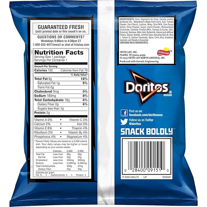 Doritos Flavored Tortilla Chips, Cool Ranch, 1 Ounce (Pack of 104)