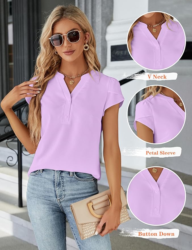 Blooming Jelly Women's Dressy Casual Tops Business Work Blouses White Button Down Shirts Cap Sleeve V Neck Tshirt
