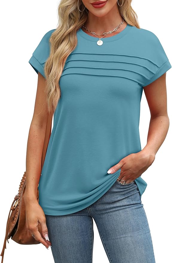 WEESO Womens Summer Tops Trendy 2026 Cap Sleeve T Shirts Crew Neck Pleated Front Beach Vacation Clothes Fashion