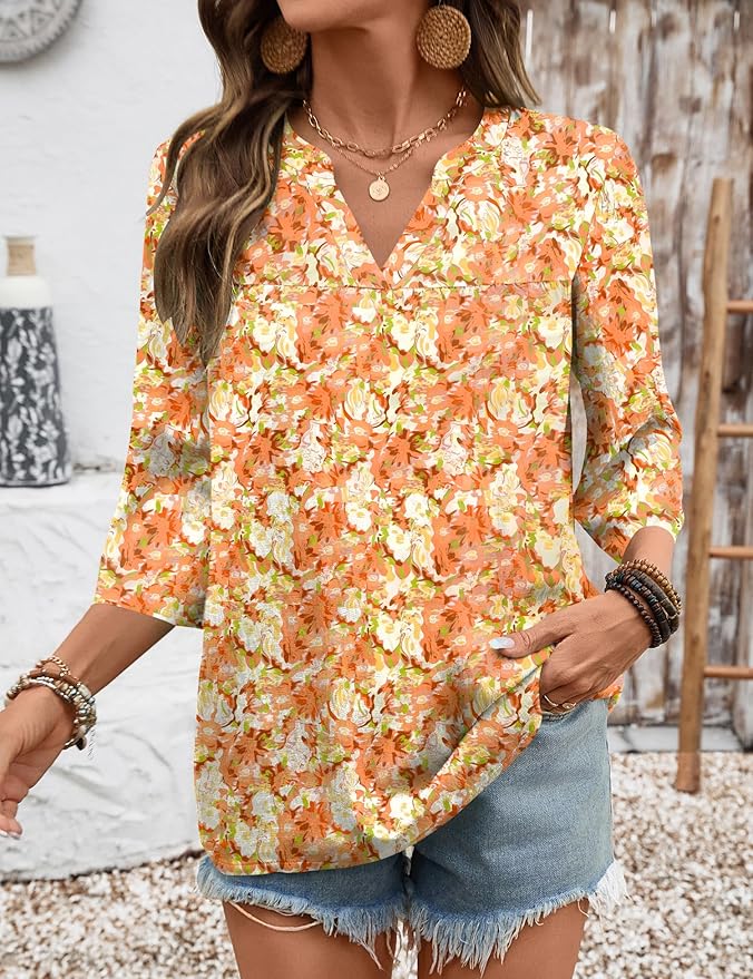Rapbin Womens 3/4 Sleeve V Neck Floral Print Pleated Blouses for Women Dressy Casual Loose Fit Tops