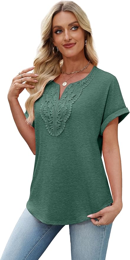 Sipaya Womens Blouses Dressy Casual Summer Shirts Short Sleeve Lace Front Boho Tunic Tops for Leggings Fashion Clothes