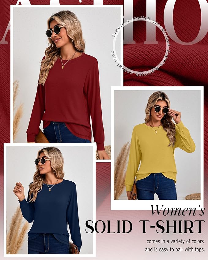 Ficerd 3 Pack Women's Long Sleeve Shirts, Cotton Crew Neck Tunic Tops Casual Loose Fit Pullover Sweatshirts Curved Hem Shirts