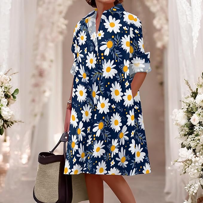 Shirt Dresses for Women 2025 Summer Long Sleeve Casual Plus Size Floral Printed Beach Vacation Dress with Pockets