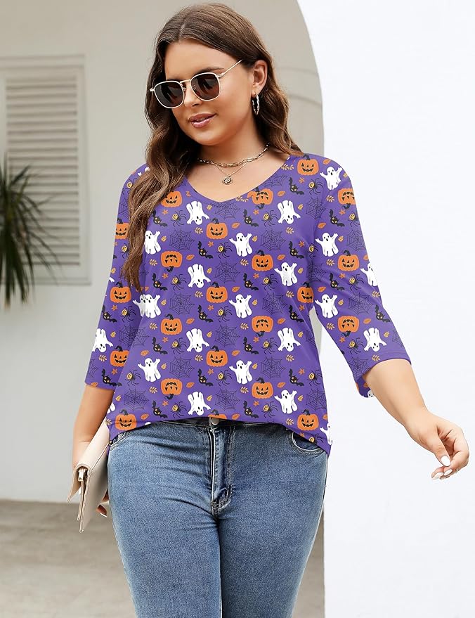 TFSDOD Womens Plus Size Tops V Neck T Shirts 3/4 Sleeve Blouse Summer Casual Tees XL-5X