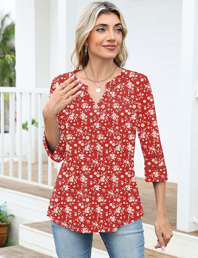 Ivicoer 3/4 Length Sleeve Womens Tops V Neck Lace Embroidered Summer Blouses Loose Fit Tunic Dressy Casual