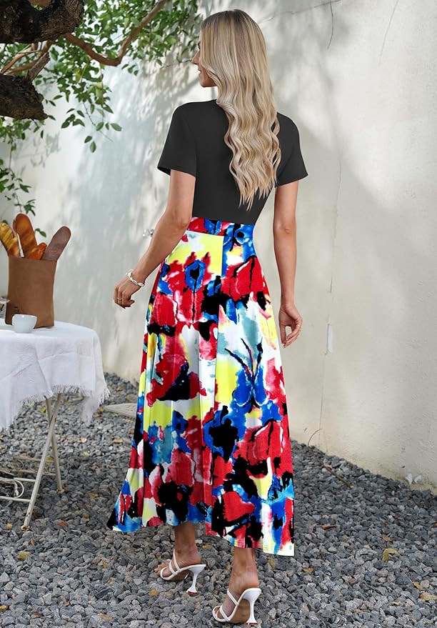 AUSELILY Maxi Dresses for Women Ankle Length Floral Print Beach Long Flowy Dress with Pockets