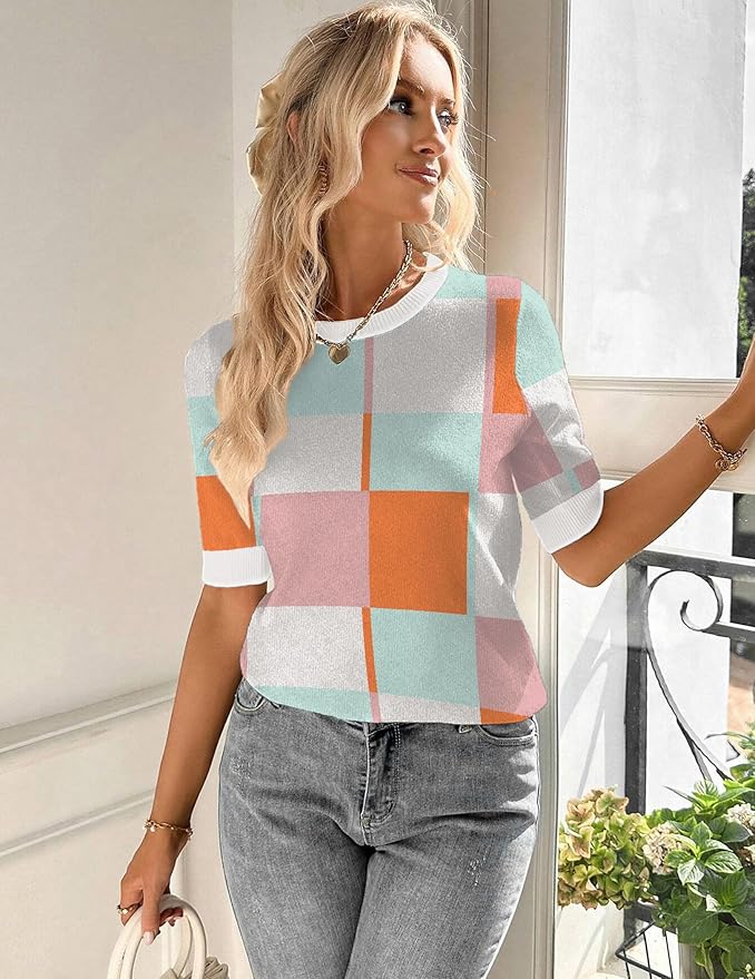 Zeagoo Women Short Sleeve Sweater Summer Crew Neck Dressy Casual Soft Knit Pullover Tops Trendy