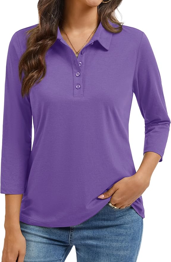 YUCOLEN Polo Shirts for Women 3/4 Sleeve Tops Golf Tees 5-Button Collared Cotton Shirt Business Casual