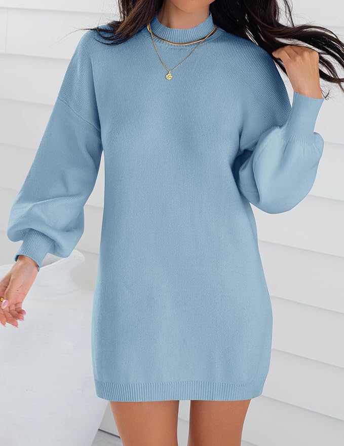 ZESICA Women's 2026 Fall Turtleneck Sweater Dress Oversized Long Lantern Sleeve Casual Knit Pullover Mini Dresses