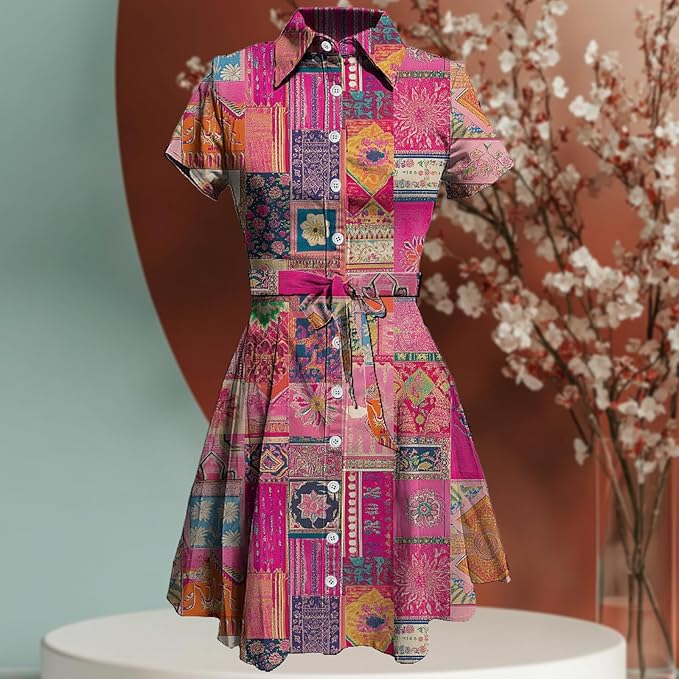 MARSVOVO Vintage Retro Shirt Dress for Women Short Sleeve Button Down Tie Waist Elegant Smocked Knee Length Dress
