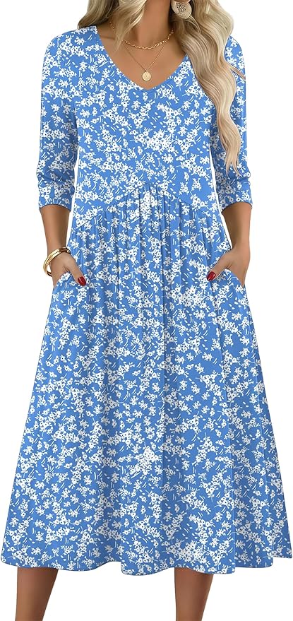ZEAGOO 3/4 Sleeve Women's Dress Casual Flowy A-Line Midi Tshirt Dresses with Pocket Empire Waist Summer Boho Beach Sundress