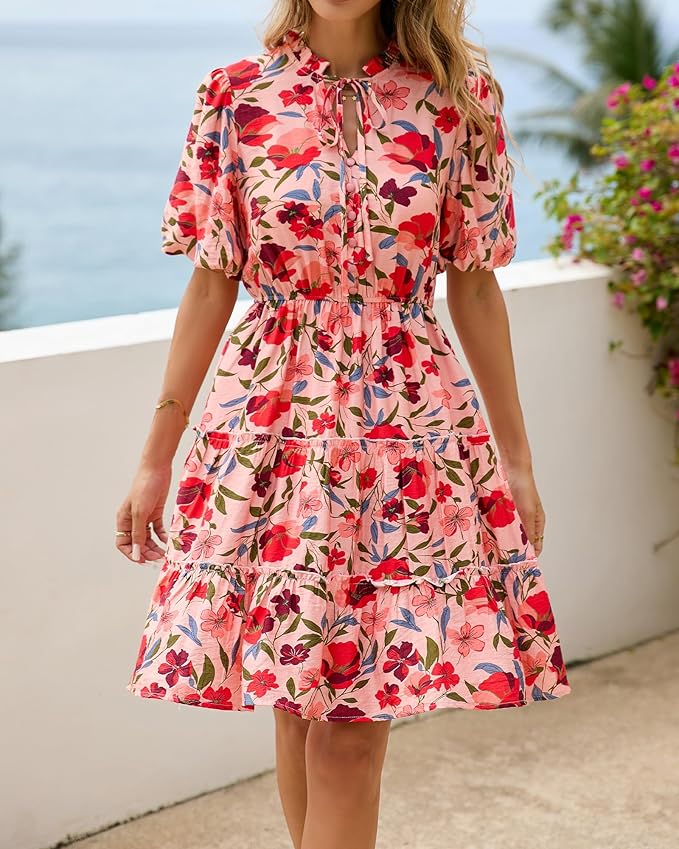 BTFBM Women Summer Floral Short Dresses V Neck Short Sleeve Tiered Ruffle Boho Swing Dress A-Line Mini Dresses